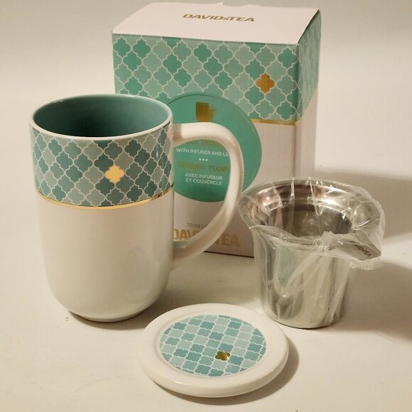 RARE DAVIDS TEA Nordic Mug White Moroccan Tile BNIP with Infuser and Lid - Picture 1 of 14